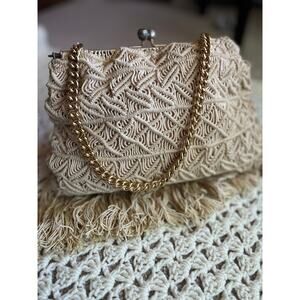 Vintage 70s Macrame Purse Creamy White Clutch Chain Handle Fringe